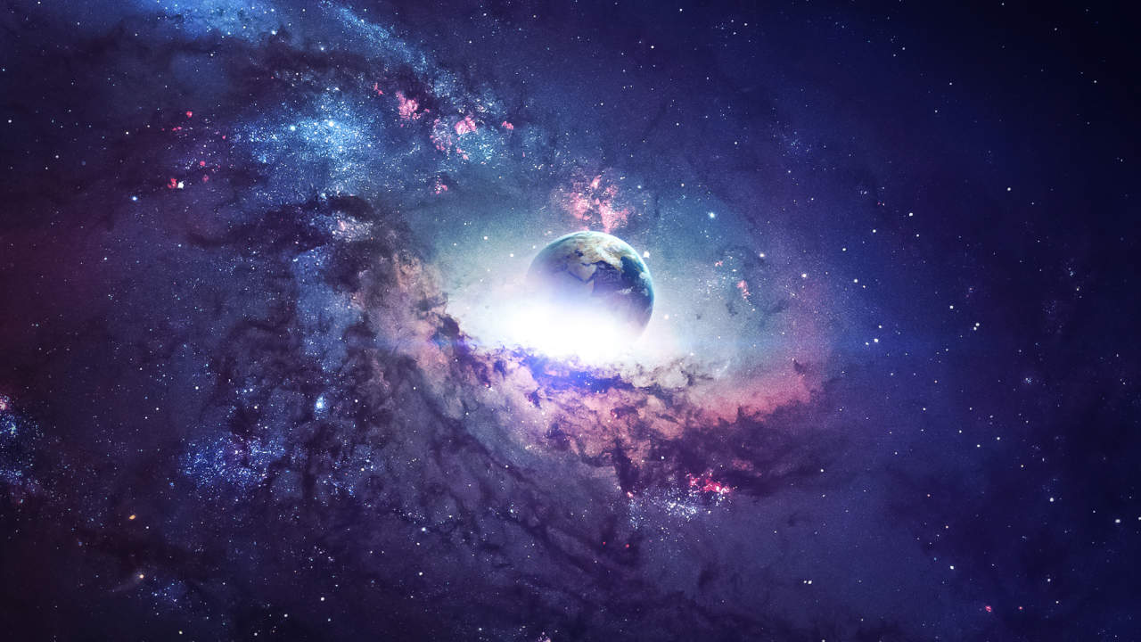 Scena dell'Universo con pianeti, stelle e galassie