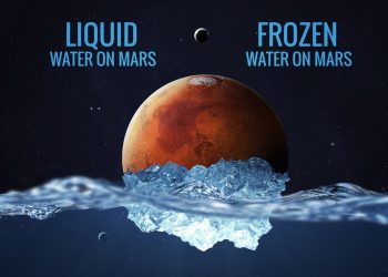 Rappresentazione di Marte che galleggia, per raffigurare la presenza d'acqua